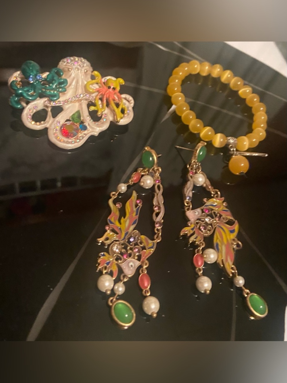 Whimsical Octopus Brooch&Percossipapi Fish Earrings&Cats Eye Bracelet